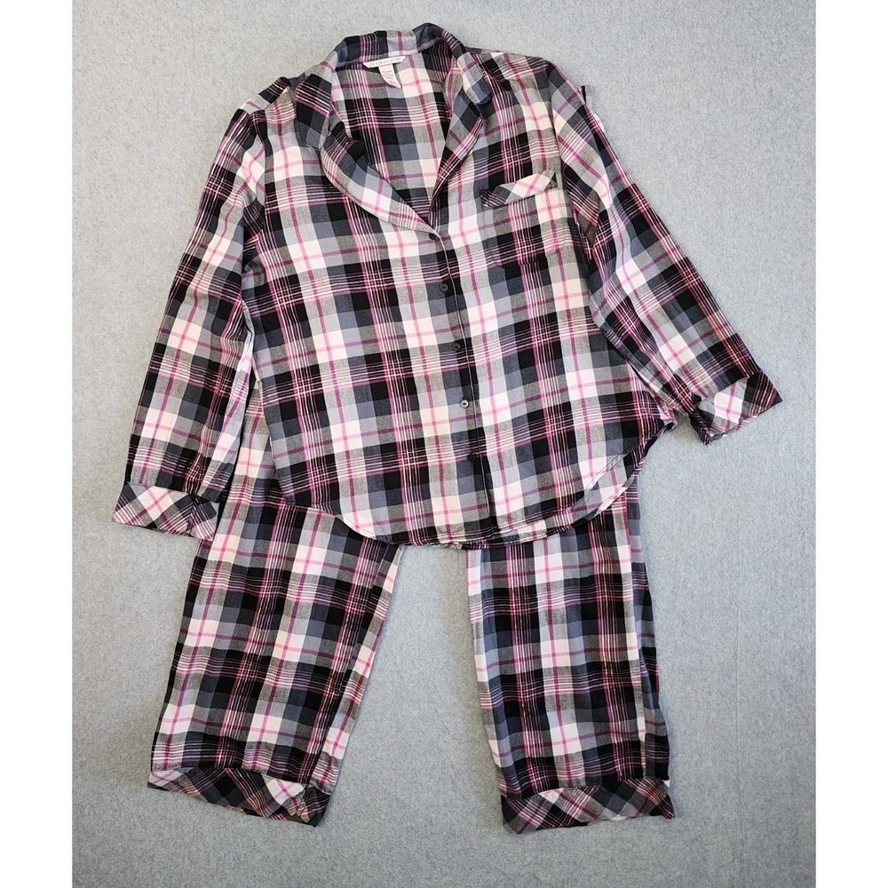 Victorias Secret 2 Pc Pajama Pant Set Pink & Black‎ Plaid Womens Medium Pajamas